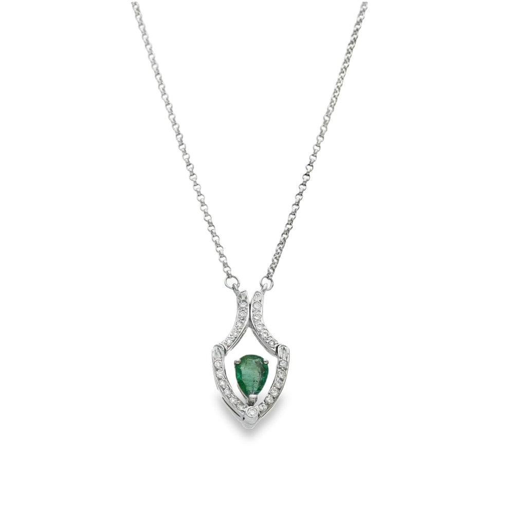 18ct White Gold Emerald & Diamond Drop Pendant & Chain - 0.24ct