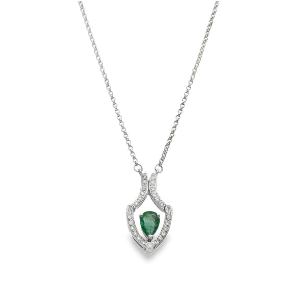 18ct White Gold Emerald & Diamond Drop Pendant & Chain - 0.24ct