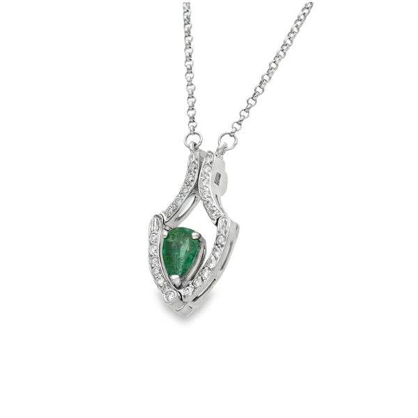 18ct White Gold Emerald & Diamond Drop Pendant & Chain - 0.24ct