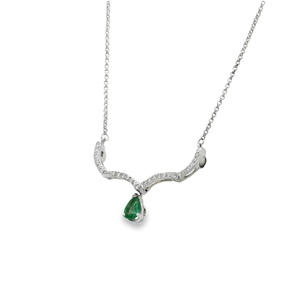 18ct White Gold Emerald & Diamond Drop Pendant & Chain - 0.24ct