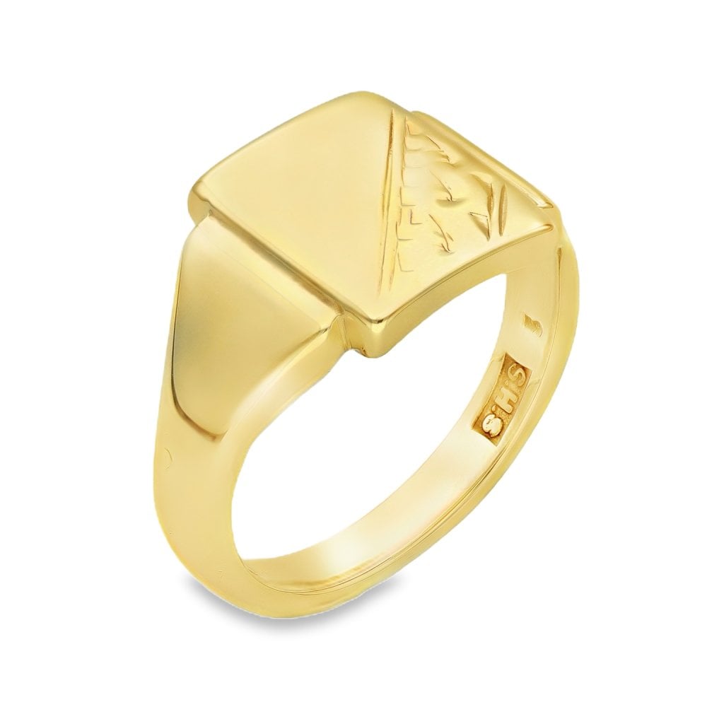 9ct Yellow Gold Engraved Signet Ring - Size R - 13mm