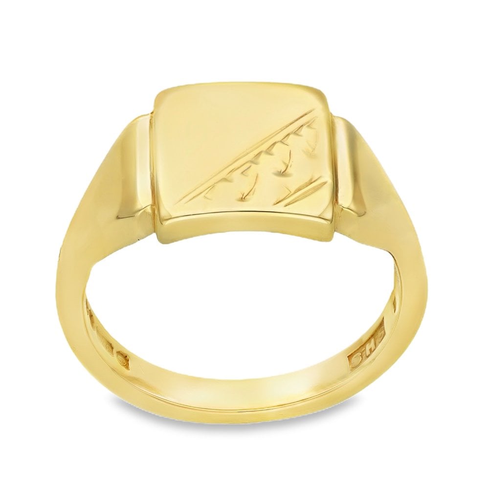 9ct Yellow Gold Engraved Signet Ring - Size R - 13mm