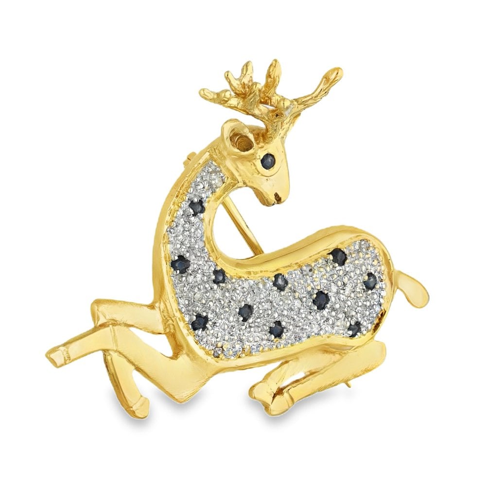 9ct Yellow Gold Sapphire & Diamond Deer Brooch -31x34x12mm -5.4g