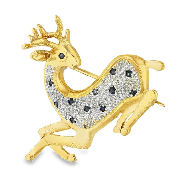 9ct Yellow Gold Sapphire & Diamond Deer Brooch -31x34x12mm -5.4g