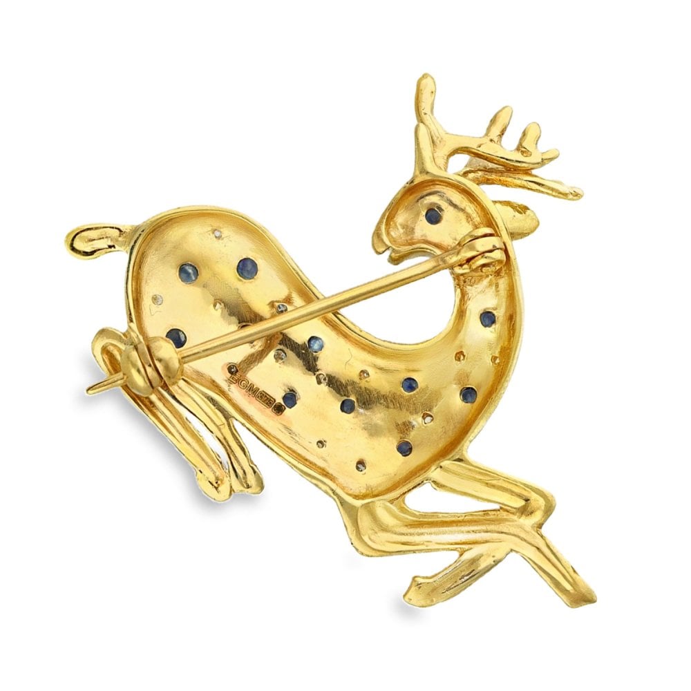 9ct Yellow Gold Sapphire & Diamond Deer Brooch -31x34x12mm -5.4g