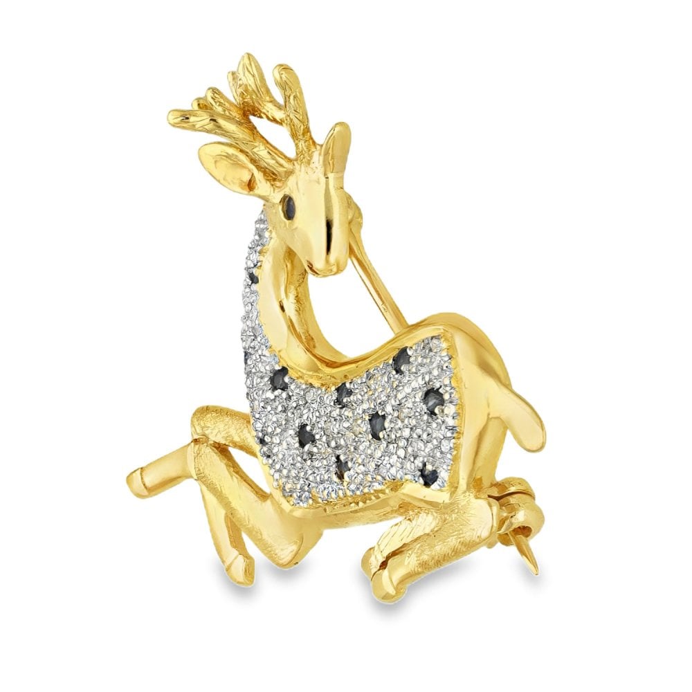 9ct Yellow Gold Sapphire & Diamond Deer Brooch -31x34x12mm -5.4g
