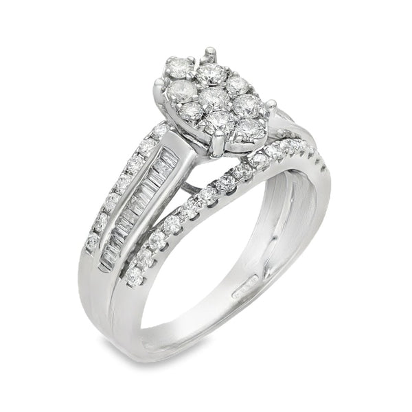 9ct White Gold Diamond Cluster Ring - Size N½ - 1.10ct