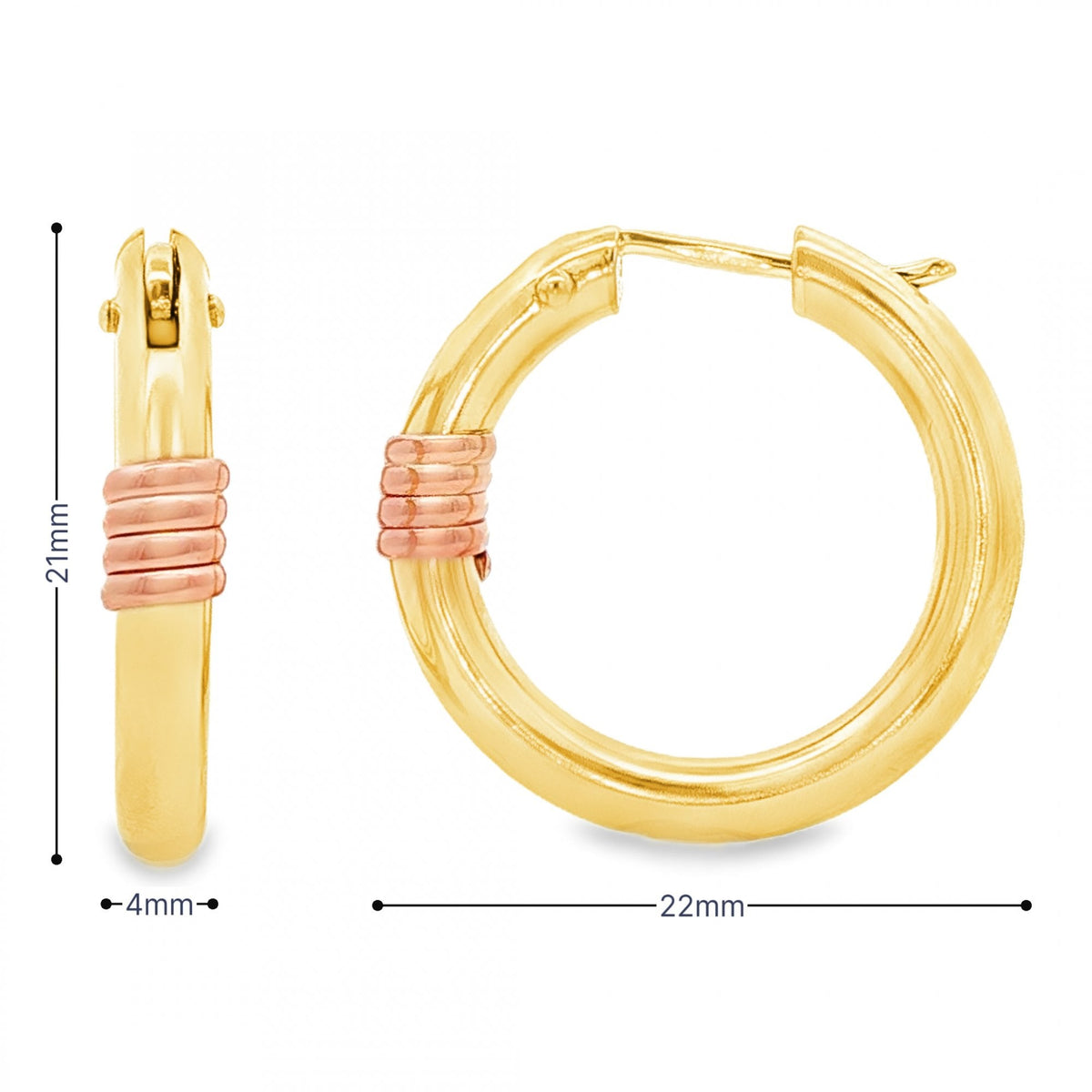 9ct Yellow & Rose Gold Coil Tube Hoop Earrings - 4x21x22mm -2.4g