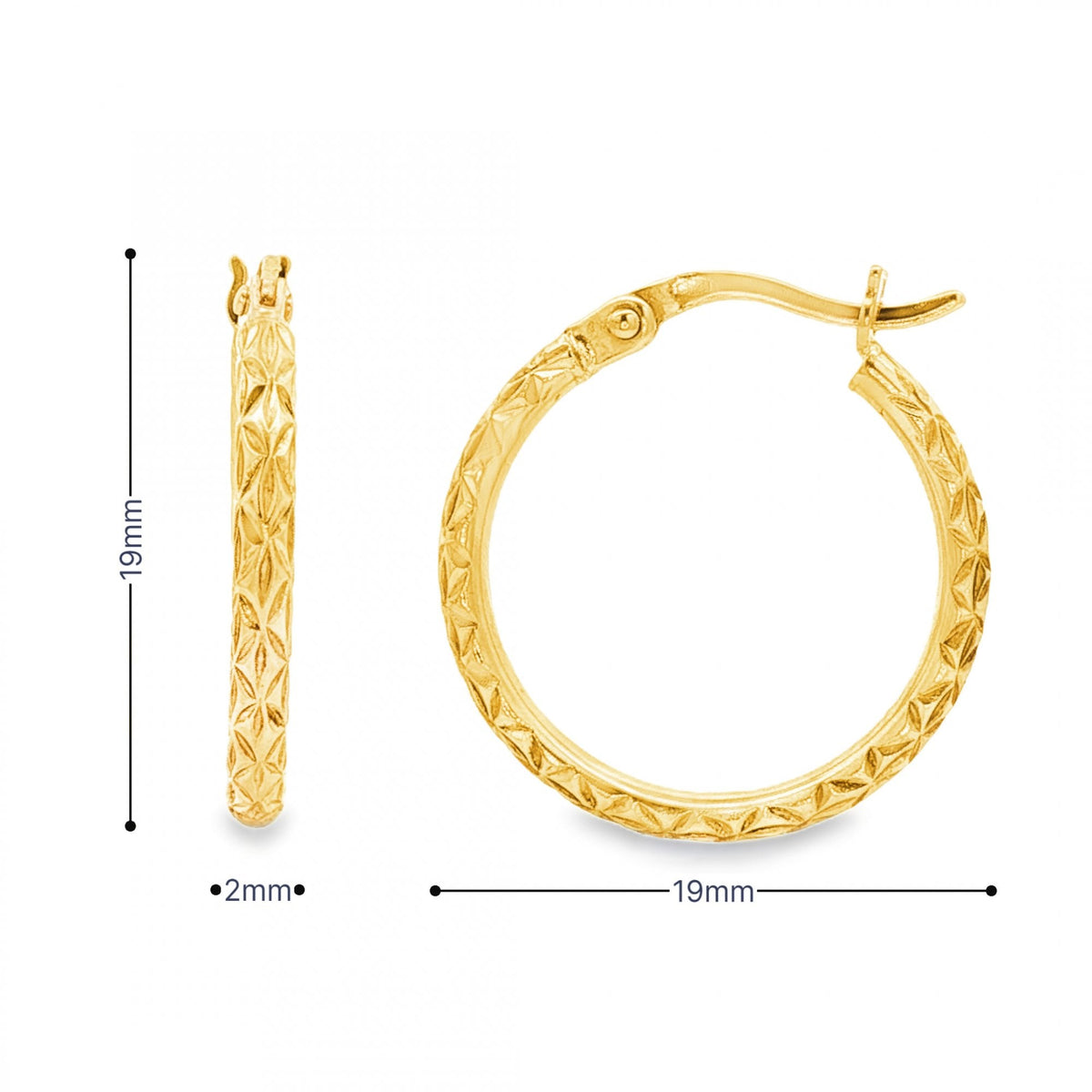 9ct Yellow Gold Faceted Round Hoop Earring - 2x19x19mm - 1.2g