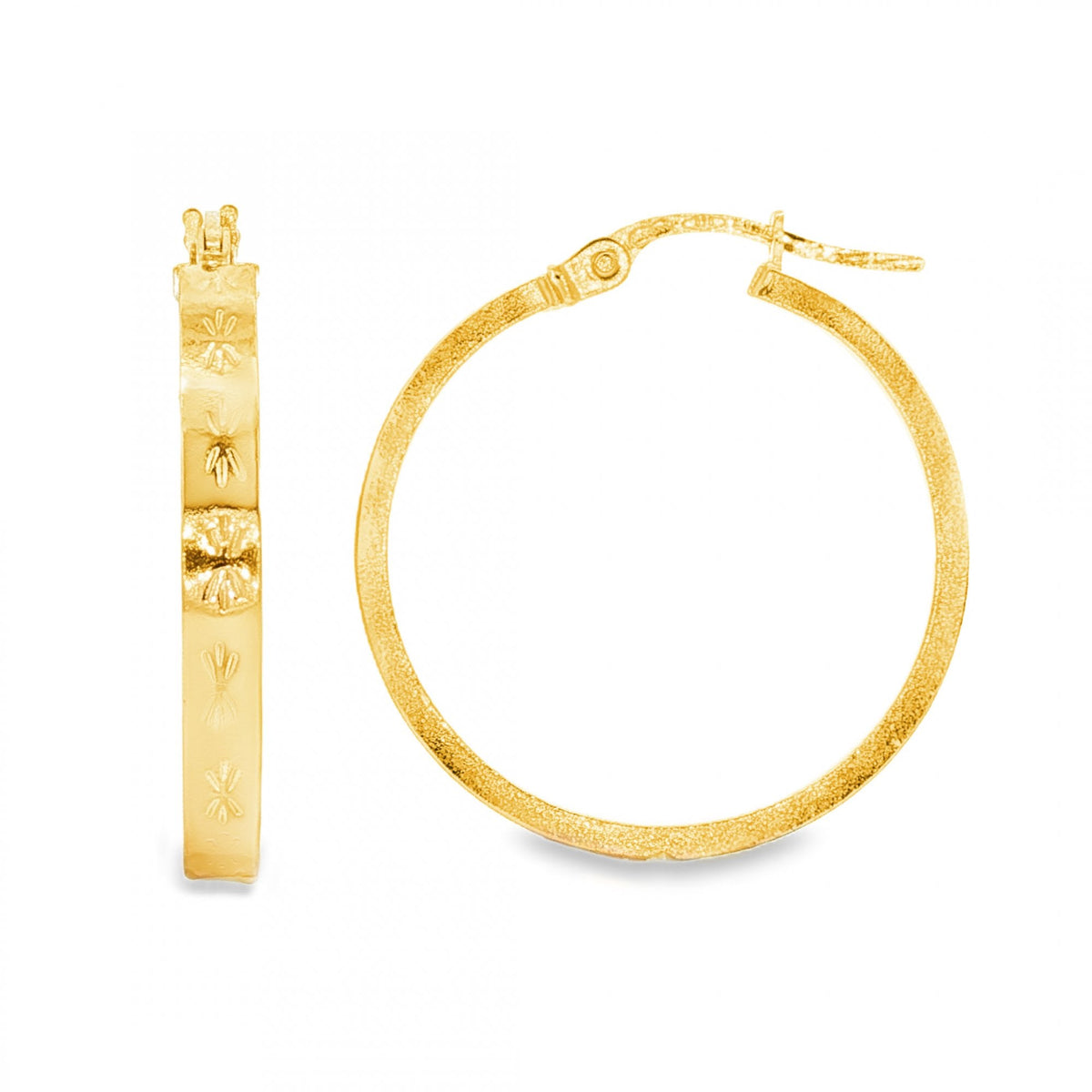 9ct Yellow Gold Engraved Square Hoop Earrings -2.5x24x22mm -2.3g