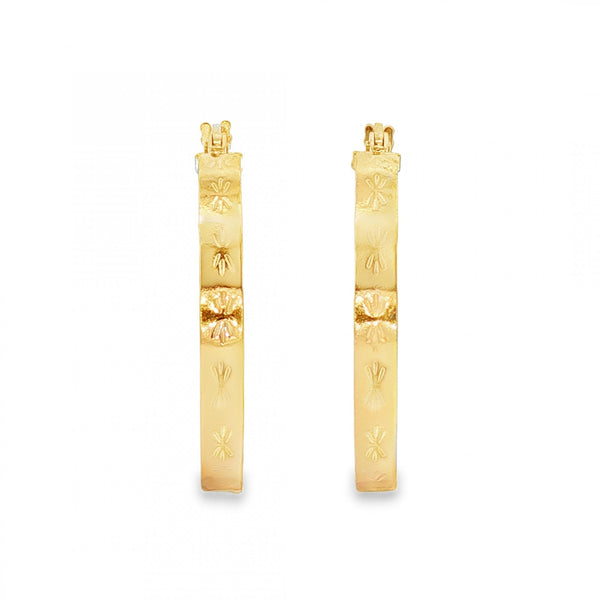 9ct Yellow Gold Engraved Square Hoop Earrings -2.5x24x22mm -2.3g