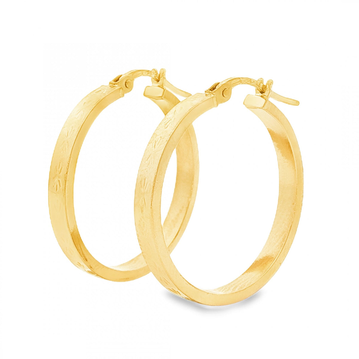9ct Yellow Gold Engraved Square Hoop Earrings -2.5x24x22mm -2.3g