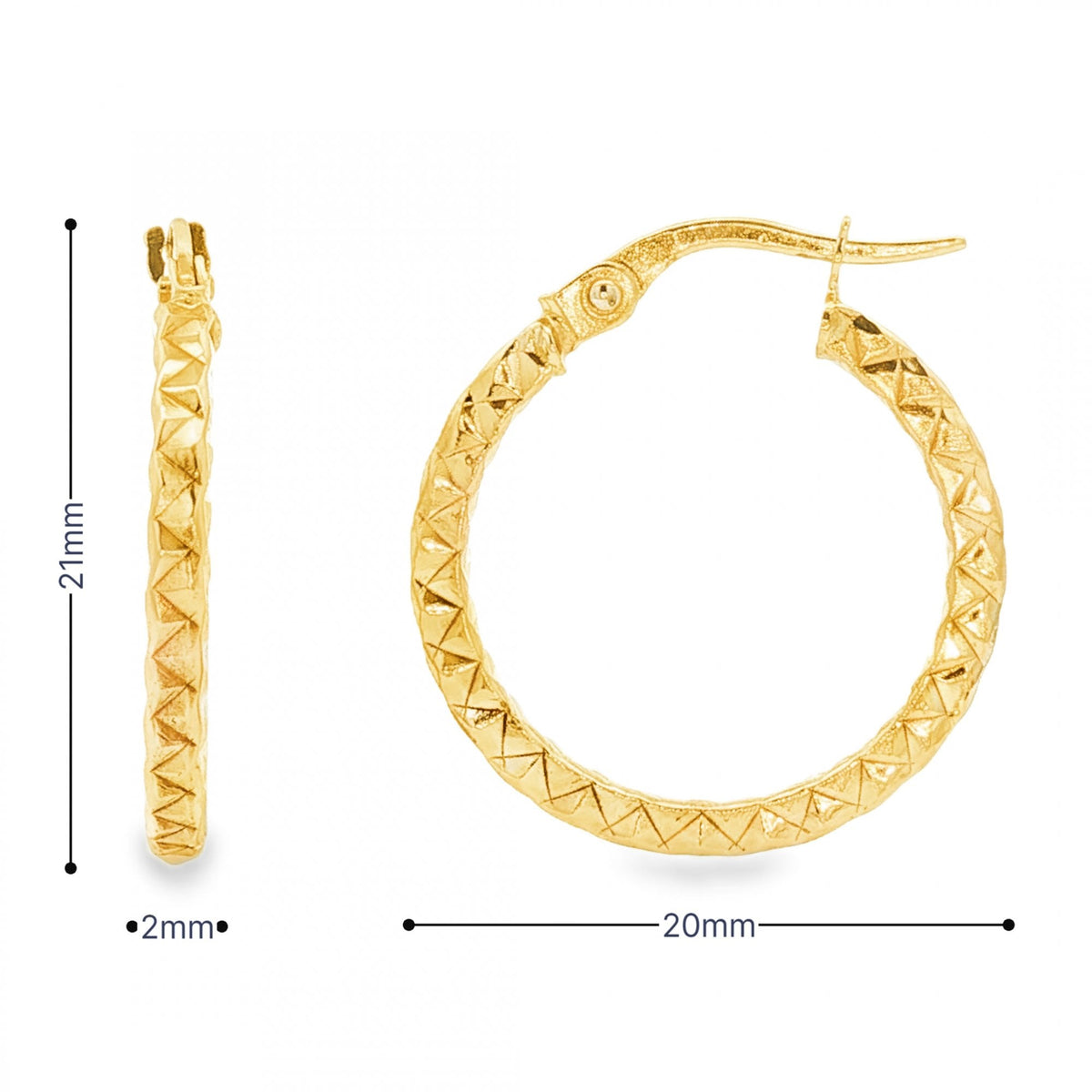 9ct Yellow Gold Faceted Round Hoop Earrings - 2x21x20mm - 1.0g