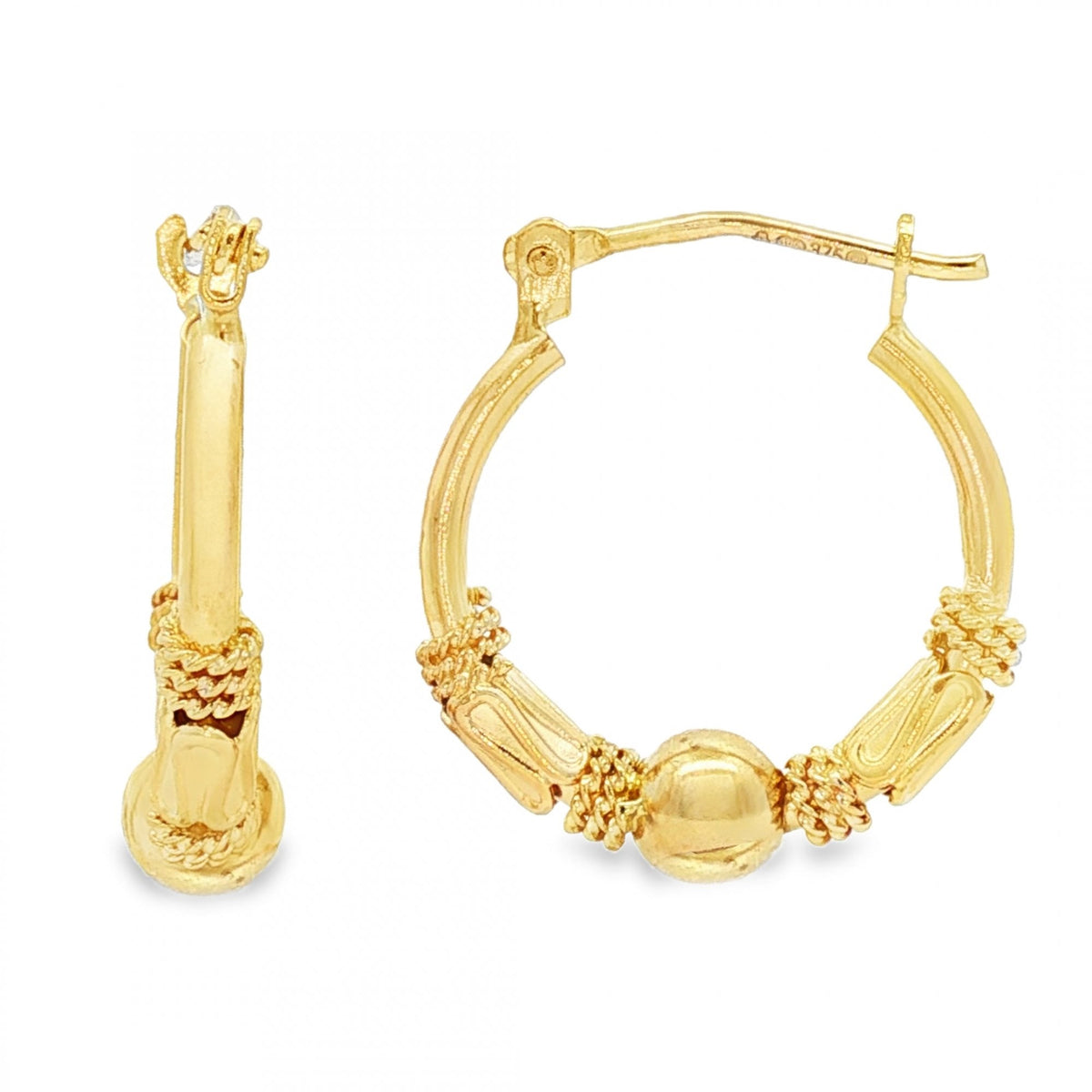 9ct Yellow Gold Ball & Coil Hoop Earrings - 5x21x28mm - 2.2g