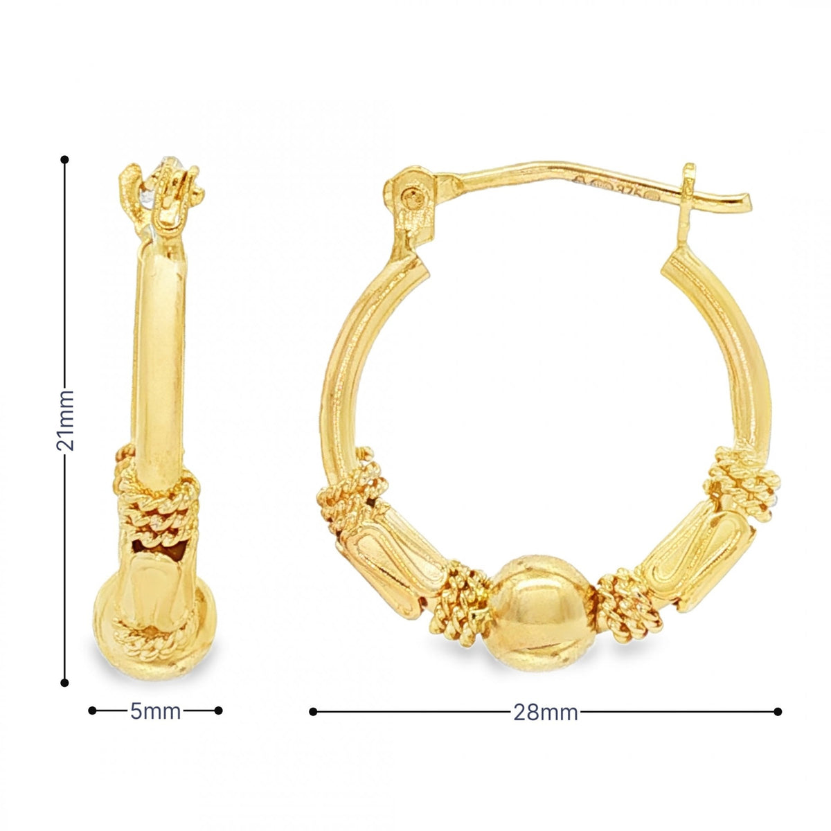 9ct Yellow Gold Ball & Coil Hoop Earrings - 5x21x28mm - 2.2g