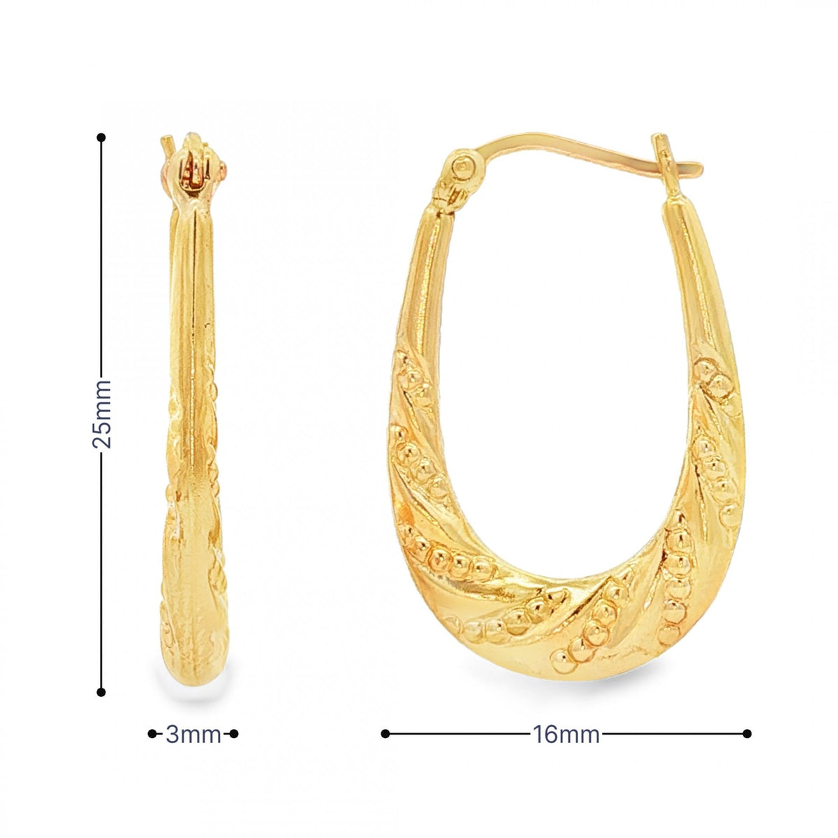 9ct Yellow Gold Beaded Twist Hoop Earrings - 3x25x16mm - 1.5g
