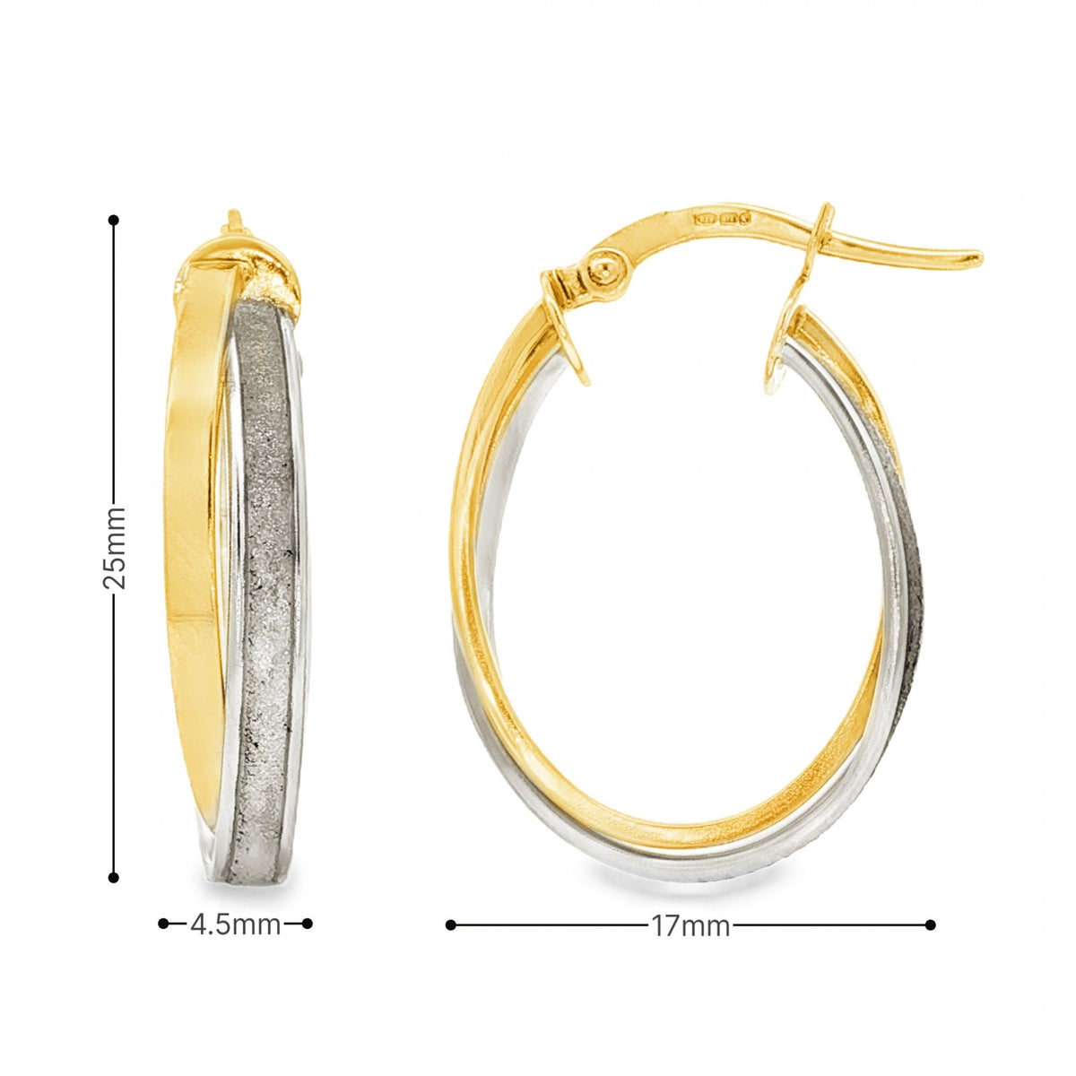 9ct Yellow & White Gold Double Oval Hoop Earrings - 1.9g