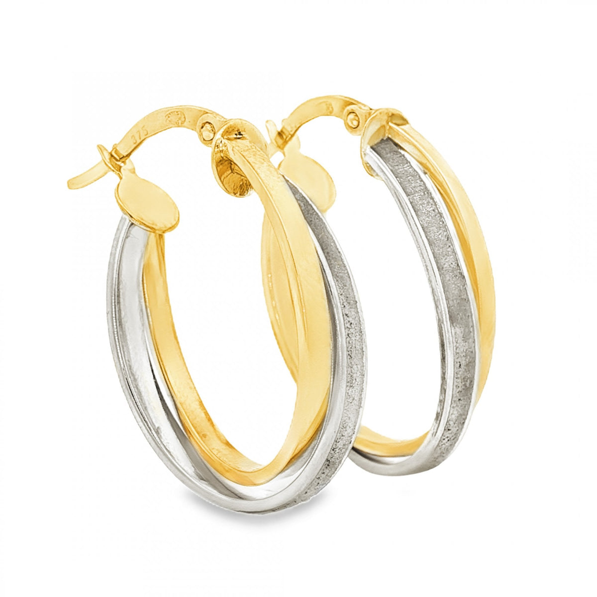 9ct Yellow & White Gold Double Oval Hoop Earrings - 1.9g