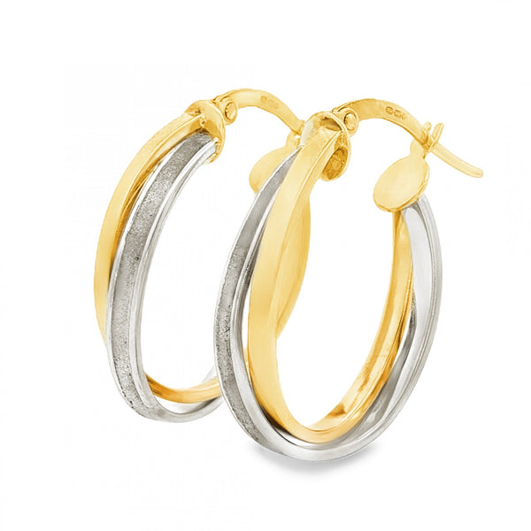9ct Yellow & White Gold Double Oval Hoop Earrings - 1.9g