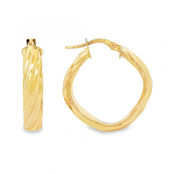 9ct Yellow Gold D-Shape Twist Hoop Earrings - 4.5x23x22mm - 2.2g
