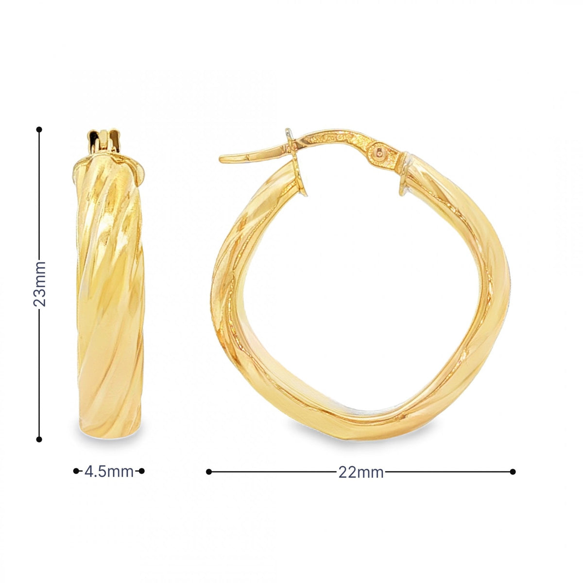 9ct Yellow Gold D-Shape Twist Hoop Earrings - 4.5x23x22mm - 2.2g