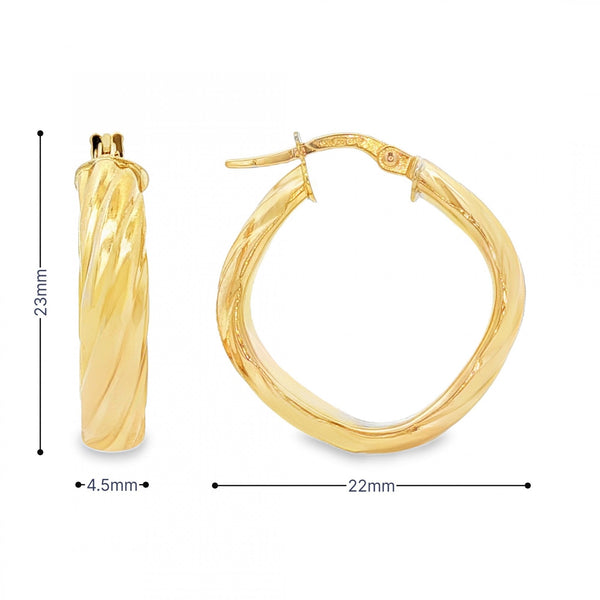 9ct Yellow Gold D-Shape Twist Hoop Earrings - 4.5x23x22mm - 2.2g