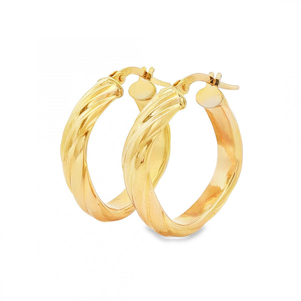 9ct Yellow Gold D-Shape Twist Hoop Earrings - 4.5x23x22mm - 2.2g
