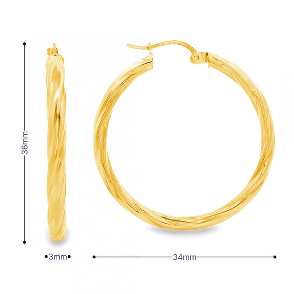 9ct Yellow Gold Twist Tube & Coil Hoop Earrings -3x36x34mm -2.3g