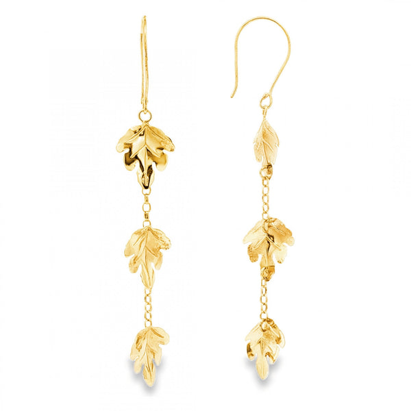 9ct Yellow Gold Triple-Leaf Drop Earrings - 12x73x1.5mm -1.8g