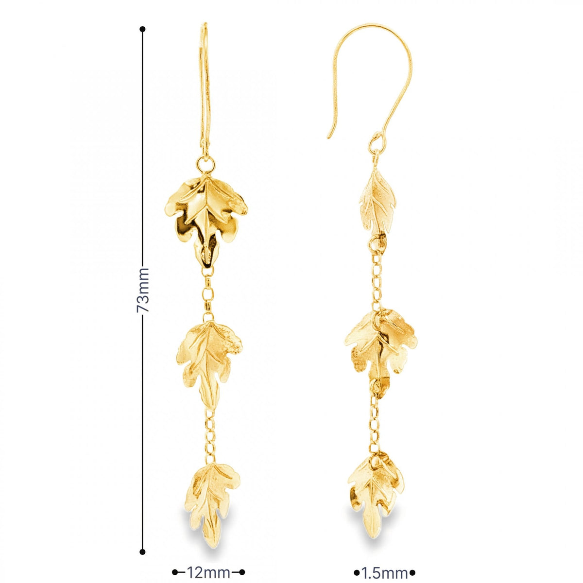 9ct Yellow Gold Triple-Leaf Drop Earrings - 12x73x1.5mm -1.8g