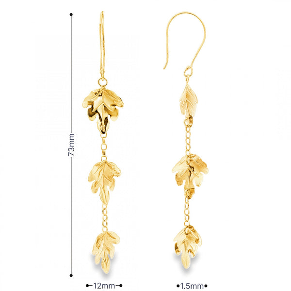 9ct Yellow Gold Triple-Leaf Drop Earrings - 12x73x1.5mm -1.8g