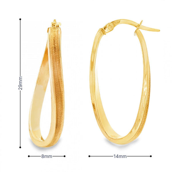 9ct Yellow Gold Oval Twist Hoop Earrings - 8x29x14mm - 1.2g