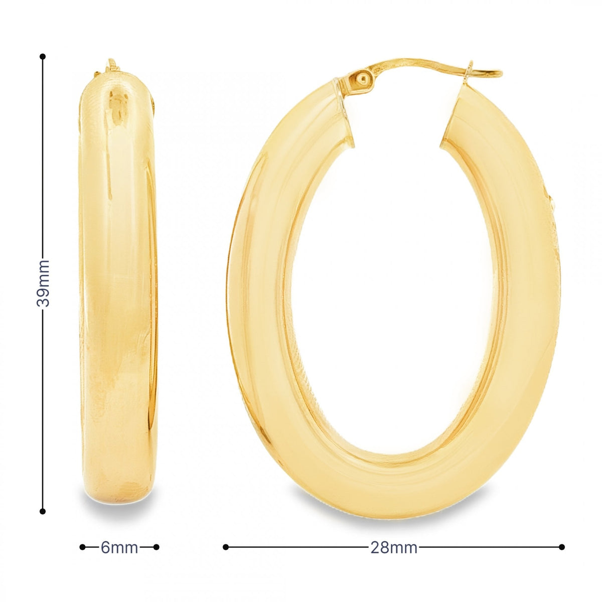 9ct Yellow Gold Oval Tube Hoop Earrings - 6x39x28mm - 5.1g