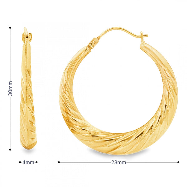 9ct Yellow Gold Twist Hoop Earrings - 4x30x28mm - 1.8g