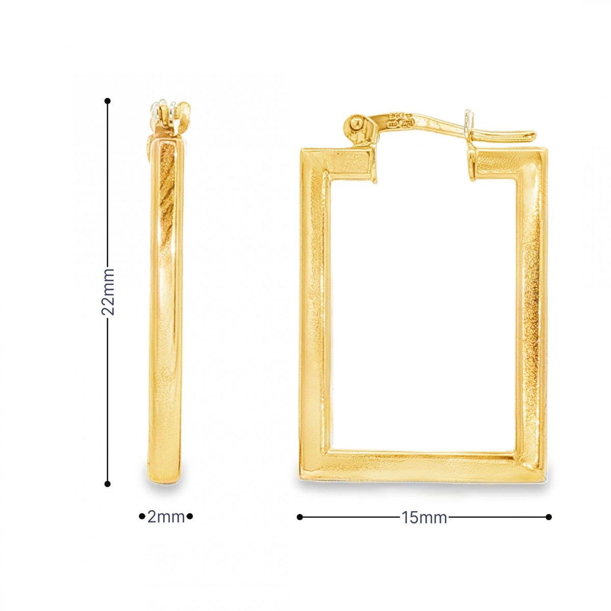 9ct Yellow Gold Rectangular Hoop Earrings - 2x22x15mm - 2.8g