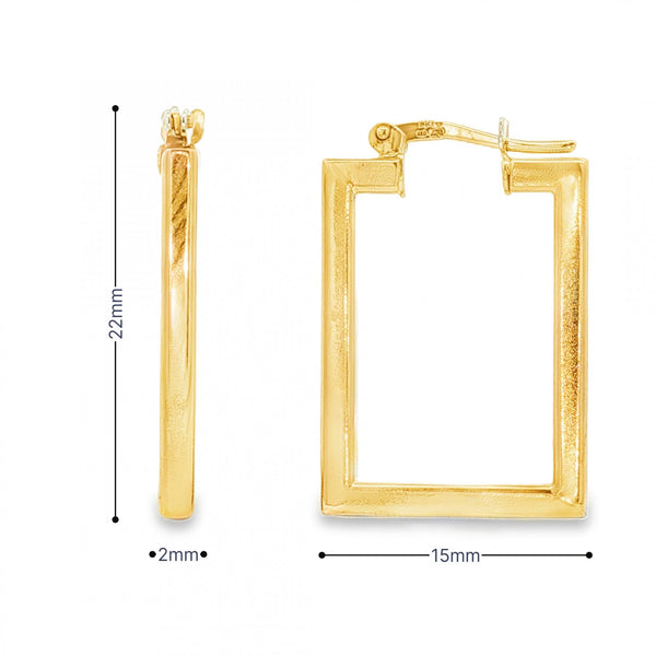 9ct Yellow Gold Rectangular Hoop Earrings - 2x22x15mm - 2.8g