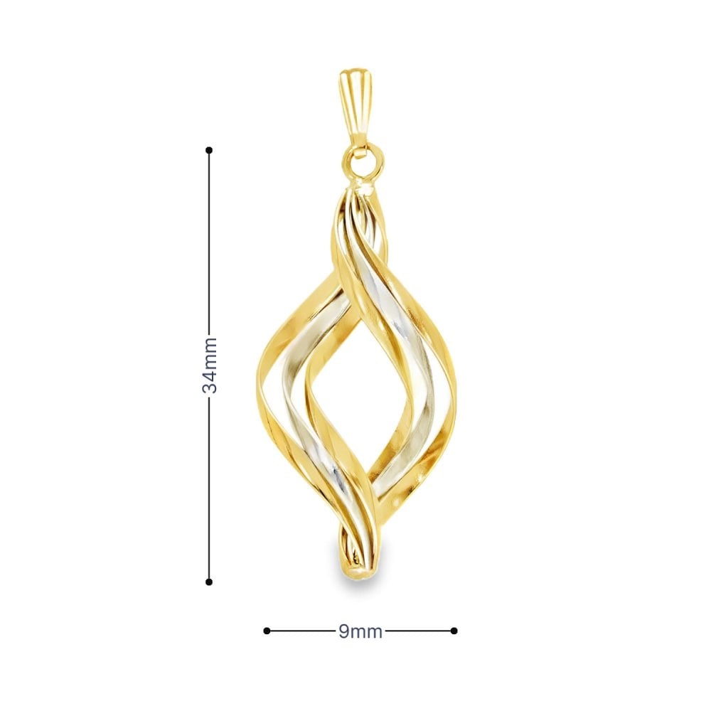 9ct Yellow & White Gold Twist Ribbon Pendant - 15x34x9mm - 1.7g