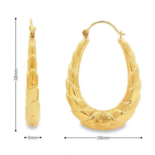 9ct Yellow Gold Ribbed Oval Hoop Earrings - 5x38x26mm - 3.5g