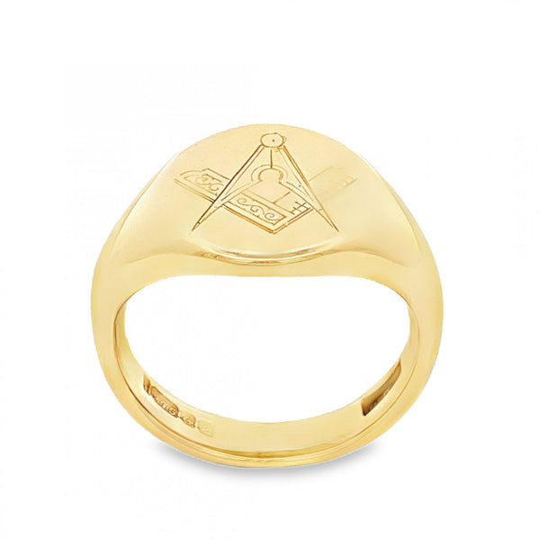 9ct Yellow Gold Masonic Oval Signet Ring - Size M½ - 15mm