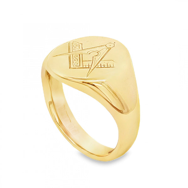 9ct Yellow Gold Masonic Oval Signet Ring - Size M½ - 15mm