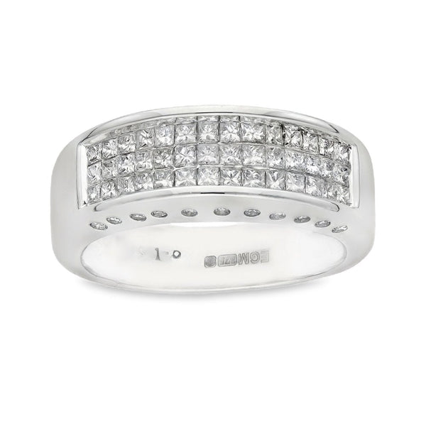 9ct White Gold Diamond 3-Row Half-Eternity Ring -Size O½ -1.00ct