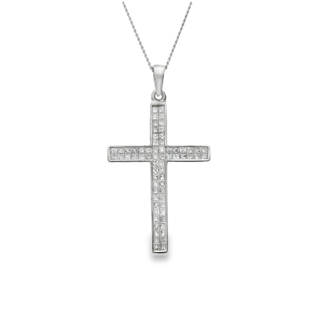 18ct White Gold Diamond Cross Pendant & Necklace - 20" - 1.32ct