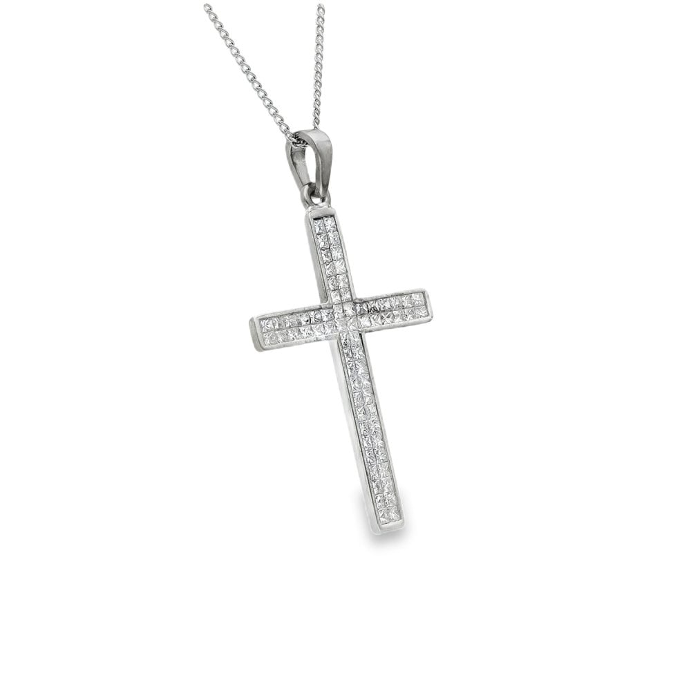 18ct White Gold Diamond Cross Pendant & Necklace - 20" - 1.32ct