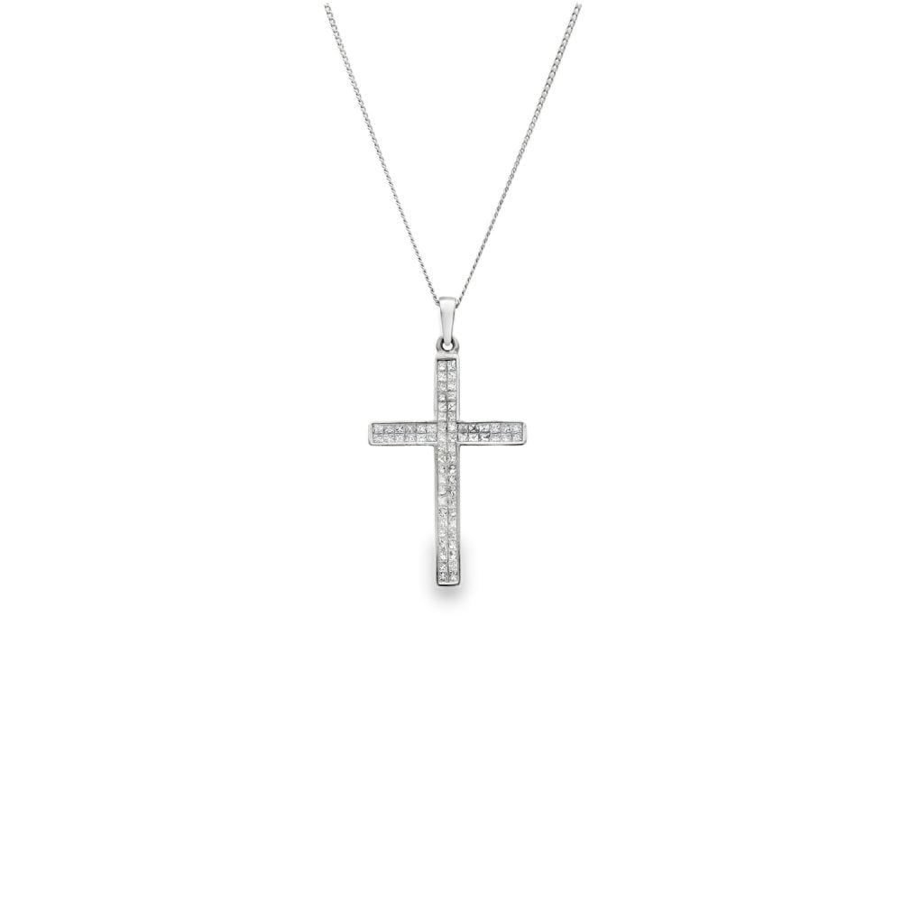 18ct White Gold Diamond Cross Pendant & Necklace - 20" - 1.32ct