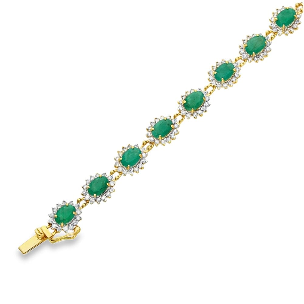 18ct Yellow Gold Emerald & Diamond Cluster Bracelet - 7" - 14.6g