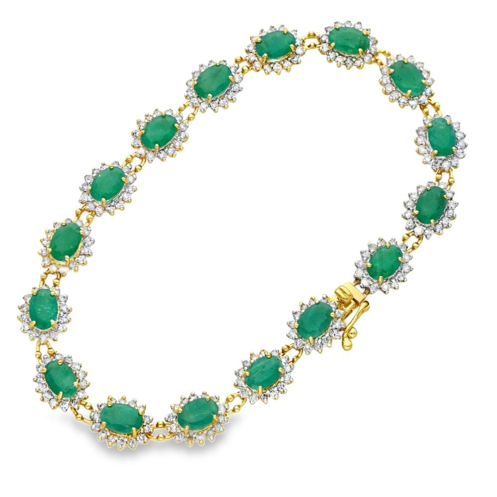 18ct Yellow Gold Emerald & Diamond Cluster Bracelet - 7" - 14.6g