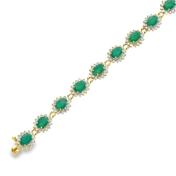 18ct Yellow Gold Emerald & Diamond Cluster Bracelet - 7" - 14.6g