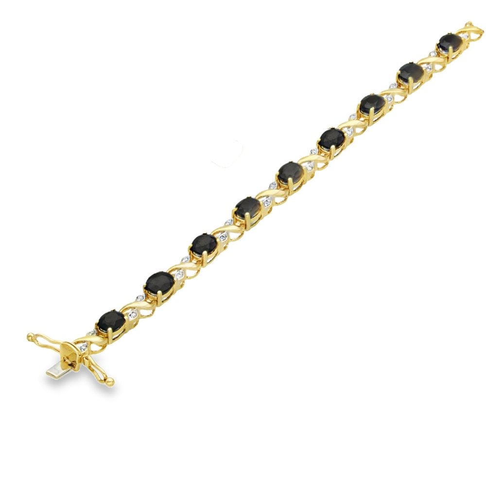 9ct Yellow Gold Sapphire & Diamond Leaf Bracelet - 7" - 0.15ct