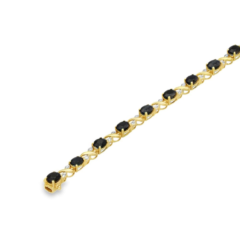 9ct Yellow Gold Sapphire & Diamond Leaf Bracelet - 7" - 0.15ct