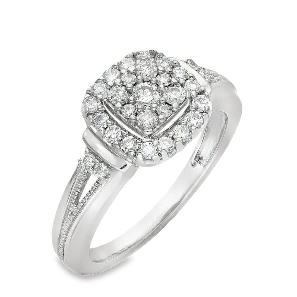 9ct White Gold Diamond Cluster Ring - Size L½ - 0.44ct